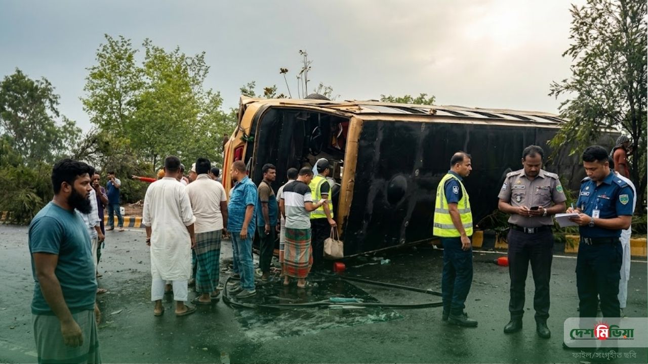 মাদারীপুরে নিয়ন্ত্রণ হারিয়ে সড়কের ওপর আছড়ে পড়ল ‘গোল্ডেন লাইন’; আহত ১৫ যাত্রী